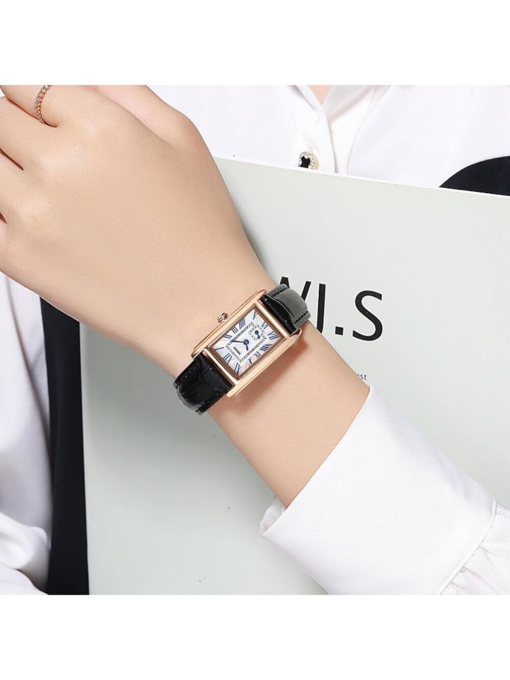 Women's Black Rose Gold Analog Ultra-Thin Rectangle Vintage Square Wrist Watch - Picture 4 of 6
